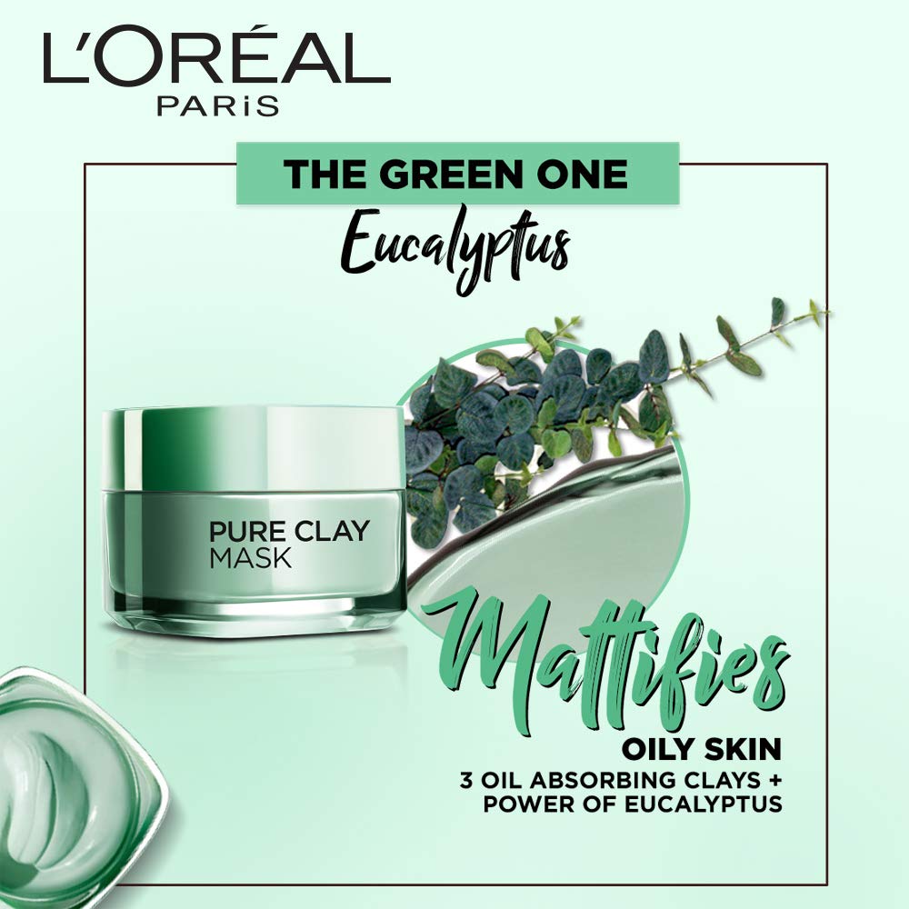 "Oil-controlling L'Oréal Paris Pure Clay Mask with Eucalyptus for clearer, matte skin"

