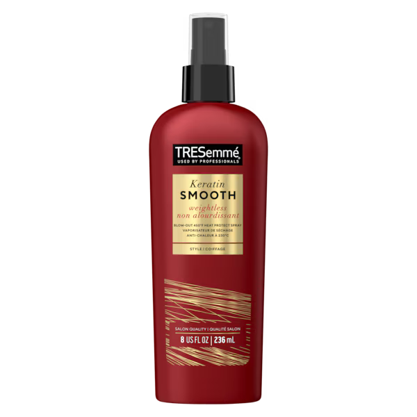 TRESemmé Keratin Smooth Heat Protect Spray bottle with frizz control, heat protection, and shine-enhancing features.