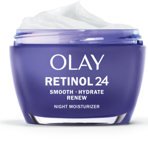 Olay Regenerist Retinol24 Night Moisturizer jar with sleek silver lid on a white background