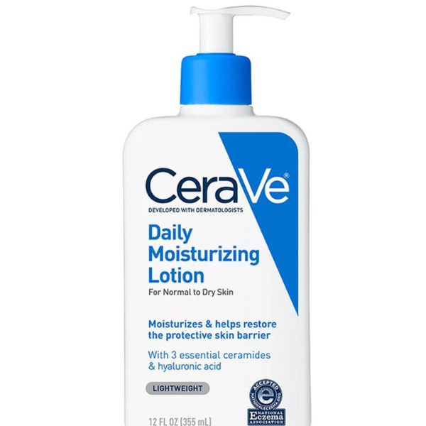 Bottle of CeraVe Daily Moisturizing Lotion placed on a clean bathroom counter, with a subtle background showing soft lighting and minimal design.