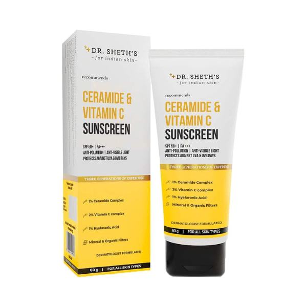 Dr. Sheth’s Ceramide & Vitamin C SPF 50 sunscreen bottle