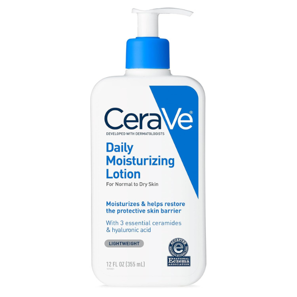 "CeraVe Daily Moisturizing Lotion bottle on a white countertop with minimalist skincare setup"