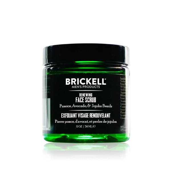 Brickell Men’s Renewing Face Scrub – natural exfoliating face scrub for men with jojoba beads and aloe vera in a black squeeze tube.