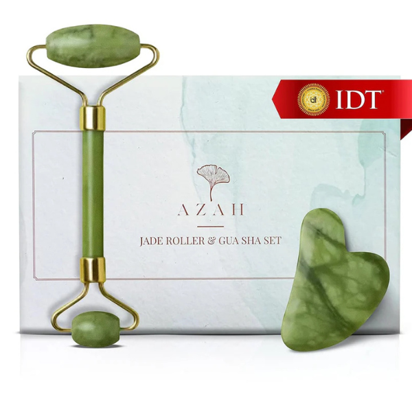 Azah Jade Roller and Gua Sha Set for Facial Massage, Made with 100% Natural Jade for Glowing Skin